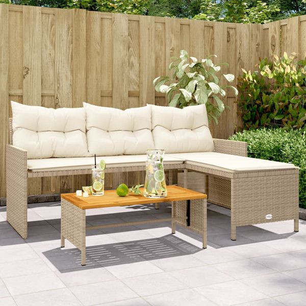 vidaXL Gartensofa in L-Form mit Tisch und Kissen Beige Poly Rattan, 365583