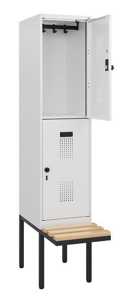 C+P Doppelstock-Spind Evolo PLUS, Bank, 2 Fächer, 1950x400x815mm, 9016/9016, Drehriegel, Sitzfläche Buche-Hartholz, 0493405-12 S10023