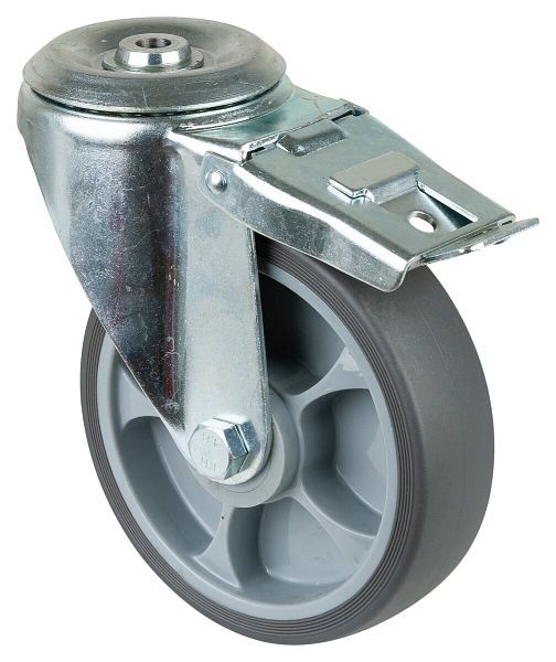 BS Rollen Transportrolle Lenkrolle mit Feststeller, thermoplastisches Gummirad grau, Rollenlager, Durchmesser: 160 mm, VE: 2 Stück, L121.B44.161