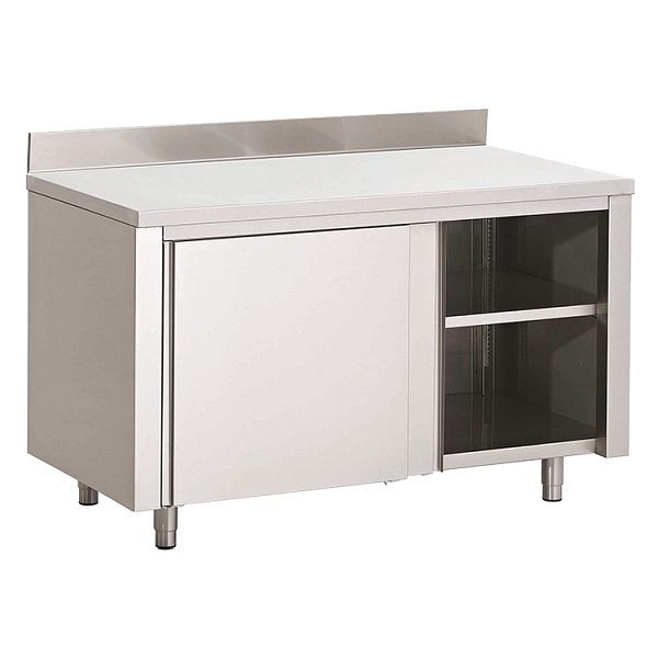 Gastro-Inox Edelstahl AISI 430 Arbeitsschrank mit Schiebetüren und Aufkantung, 1900x600x850mm, verstärkt mit 18mm dicker, beschichteter Spanplatte, 302.138