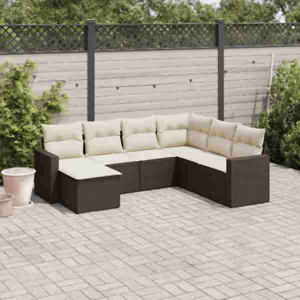 vidaXL 7-tlg. Garten-Sofagarnitur mit Kissen Braun Poly Rattan, UV-beständig, 3251640