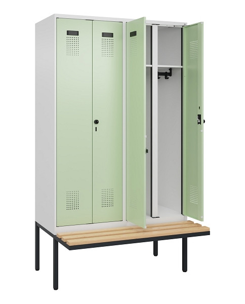 C+P Schwarz-Weiß-Spind Evolo PLUS, Bank, 4 Abteile, 2120x1200x815mm, 9016/6019, Drehriegel, Sitzfläche Holz, 0490427-40 S10019