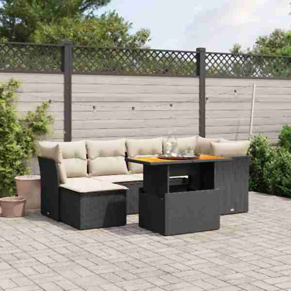 vidaXL 7-tlg. Garten-Sofagarnitur mit Kissen Schwarz Poly Rattan, UV-beständig, 3270937