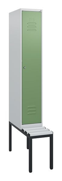 C+P Umkleidespind Classic PLUS, mit untergebauter Sitzbank, 1950x300x815mm, 7035/6011, Zylinderschloss, 0800505-10 S10051