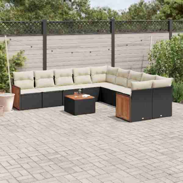 vidaXL 11-tlg. Garten-Sofagarnitur mit Kissen Schwarz Poly Rattan, UV-beständig, 3260439