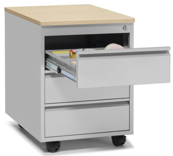 Deskin Rollcontainer BASE L, Schienenführung, Verschluss, Radfeststeller, B 460 x H 620 x T 600 mm, Stahlkorpus Lichtgrau, Dekor Ahorn, 274130