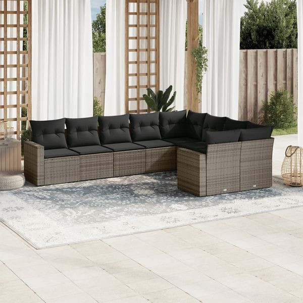 vidaXL 9-teilig Garten-Sofagarnitur mit Kissen Grau Poly Rattan, 3219430