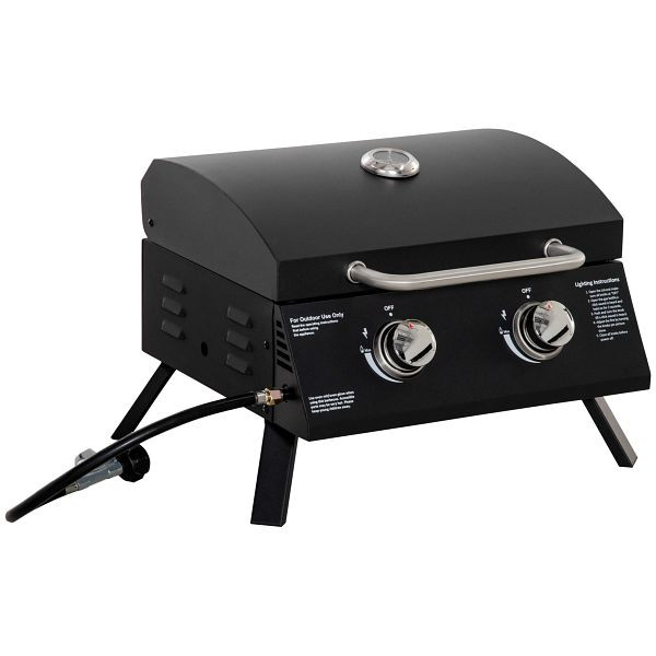 Outsunny Tischgrill BBQ mit 2 Brennern mobiler Grillwagen Grillnetz klein Outdoor Picknick mit Druckminderer Schlauch Edelstahl Schwarz, 846-104V91BK