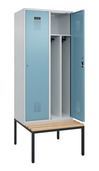 C+P Spind Evolo PLUS, 2 Abteile, 2120x800x815mm, 7035/0010, Haken 4, Zylinderschloss, Sitzfläche Buche-Hartholz, Sitzbank, Trennwand, 0490507-22F S10036