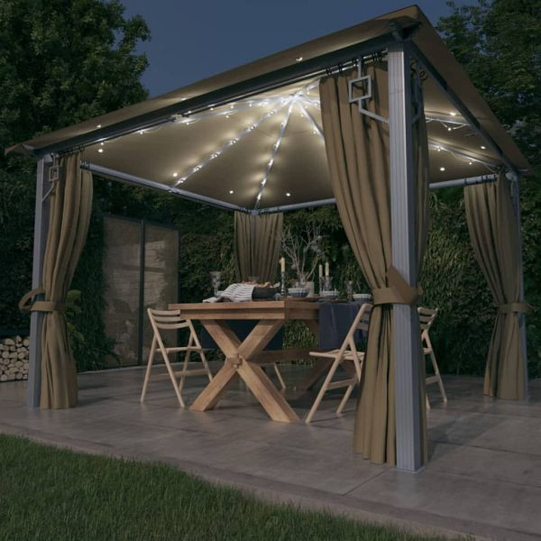 vidaXL Pavillon mit Vorhängen & LED-Lichterkette 300x300 cm Taupe Alu, 3070334
