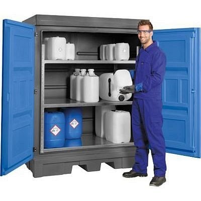 asecos Gefahrstoffdepot, Polyethylen, unterfahrbar, mit Regal, 1560 x 1080 x 1980 mm, 250 l, 32003