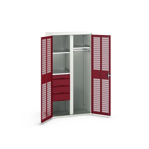 bott verso Garderobenschrank mit Belüftung, mit 3 Fachböden und 4 Schubladen, BxTxH: 1050 x550 x 2000 mm, Lichtgrau / Purpurrot, 16926776.24