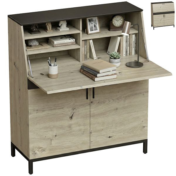 HOMCOM Industrieller Sekretär-Schreibtisch mit Regalen und Metallrahmen 100 cm Naturholz und Schwarz, 836-645V90ND