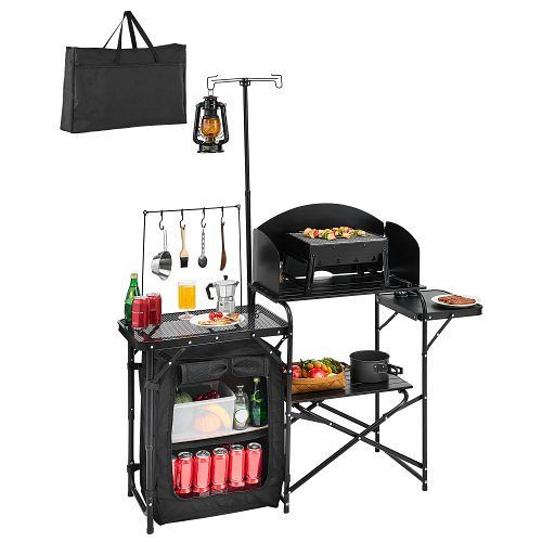 VEVOR Camping Küchentisch aus Aluminium mit Lagerschrank, Tragetasche & Windschutz, für Grillpartys und Wohnmobilreisen, schwarz, DFBCWJKHSTWLCC8F3V0