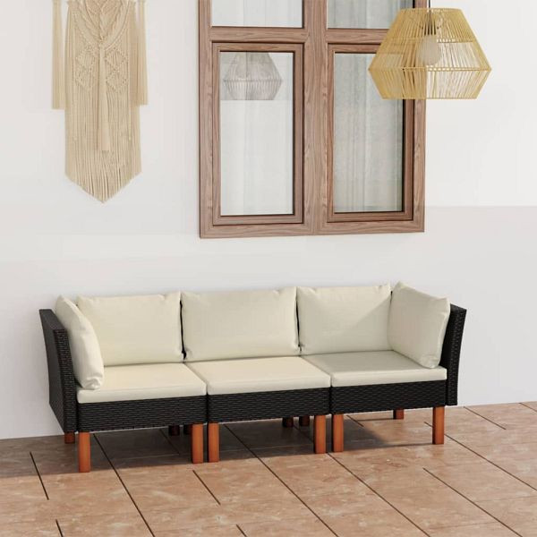 vidaXL 3-Sitzer-Gartensofa mit Kissen Schwarz Poly Rattan, 3059729