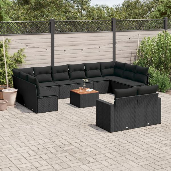 vidaXL 13-tlg. Garten-Sofagarnitur mit Kissen Schwarz Poly Rattan, 3224354