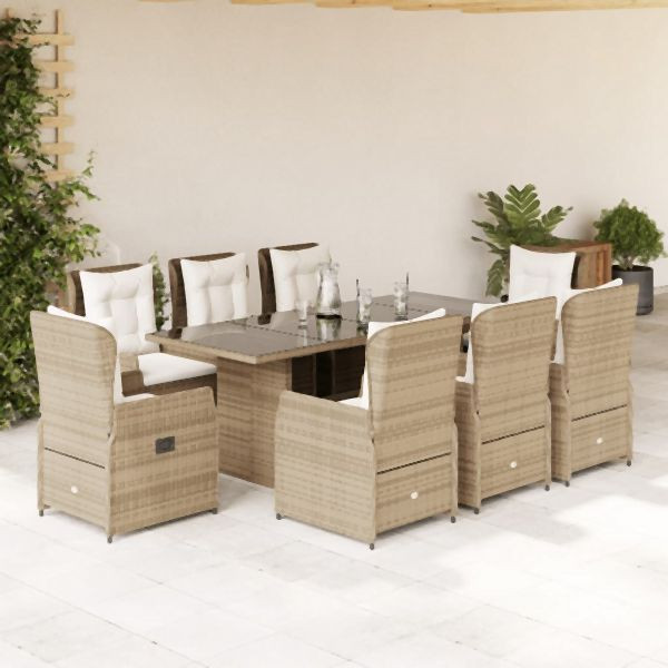 vidaXL 9-tlg. Garten-Essgruppe mit Kissen Beige Poly Rattan, 3262792
