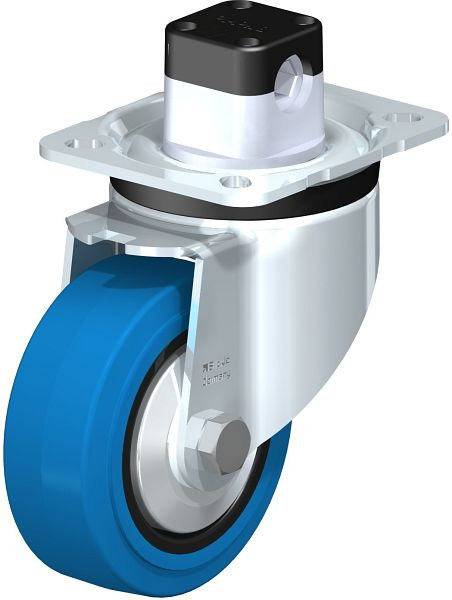 Blickle LK-POEV 100KD-1-CS11-SB-FA Stahlblech-Lenkrolle, schwere Ausführung, mit Anschraubplatte & Zentralfeststeller, Elastik-Vollgummi, Blau, 850965