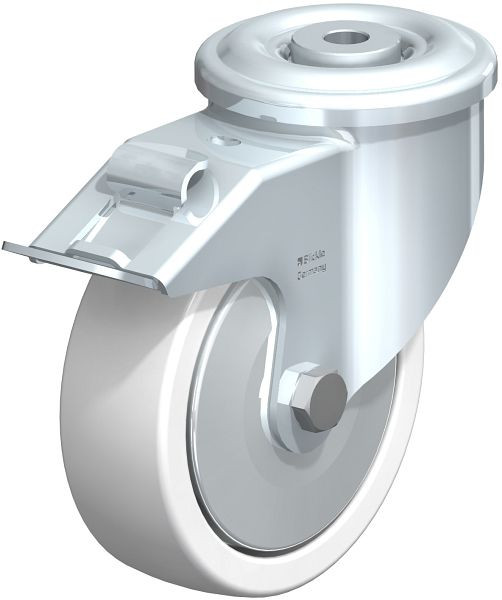 Blickle LKR-SPO 125K-FI-FA Stahlblech-Lenkrolle, schwere Ausführung, mit Rückenloch & Feststeller, Polyamid, Weiß, 750602