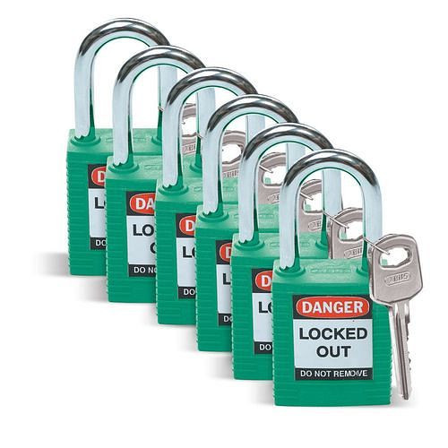 Brady Vorhängeschlösser aus Nylon mit Stahlbügel, VE: 6 Stück, grün, 309039