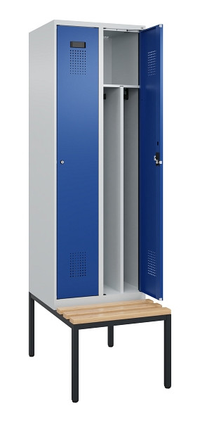 C+P Spind Evolo PLUS, 2 Abteile, 2120x600x815mm, 7035/5010, Zylinderschloss, Sitzfläche Buche-Hartholz, Sitzbank, 0490507-20F S10033