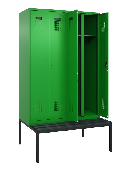 C+P Schwarz-Weiß-Spind Evolo PLUS, Bank, 4 Abteile, 2120x1200x815mm, 6037/6037, Zylinderschloss, Sitzfläche Kunststoff, Sitzbank, 0490527-40 S10106