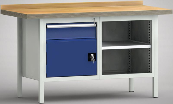 KLW Standard-Werkbank - 1500 x 700 x 840 mm L x T x H, links 150EA/Türe 350 mm, rechts offenes Gehäuse, WS177N-1500M40-E7051