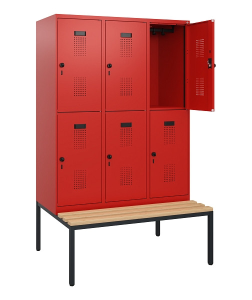 C+P Doppelstöckiger Spind Evolo PLUS, Bank, 6 Fächer, 1950x1200x815mm, 3020/3020, Drehriegel, Sitzfläche Buche-Hartholz, Sitzbank, 0493505-32 S10034
