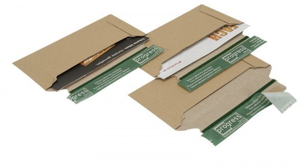 Progress Packaging PP_W03.00 MAILER Versandtasche Querbefüllung aus Wellpappe braun mit SK-Verschluß und Aufreißfaden, VE: 100 Stück, 110/220, 003405