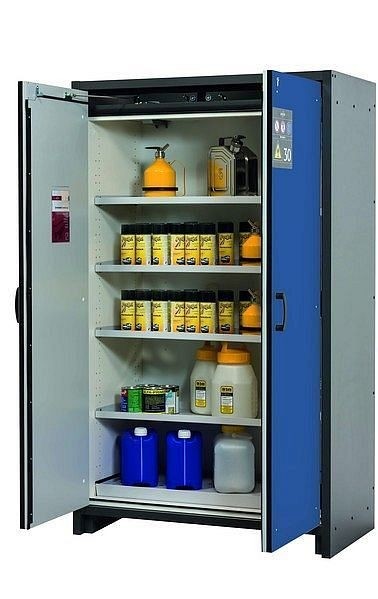 asecos Sicherheitsschrank Q-CLASSIC-30, Q30.195.116 in enzianblau RAL 5010 mit 4x Fachboden (Stahlblech), 31003-067-30004