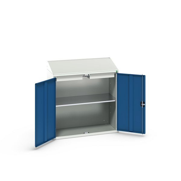 bott verso Economy Pult, mit 1 Fachboden und 2 Schubladen, BxTxH: 1050 x 550 x 1130 mm, Lichtgrau / Enzianblau, 16929212.11