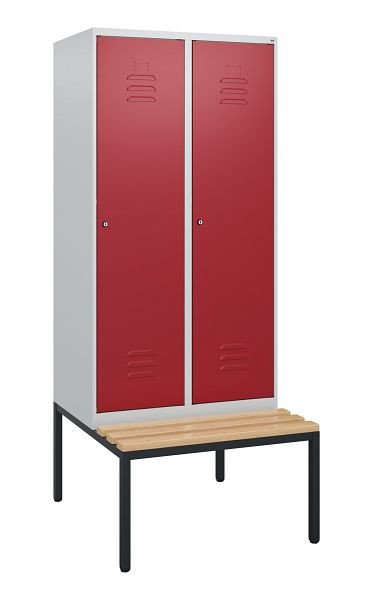 C+P Umkleidespind Classic PLUS, mit untergebauter Sitzbank, 2 Abteile, 1950x800x815mm, 7035/3003, Zylinderschlösser, Buche-Sitzleisten, 0800505-22 S10016