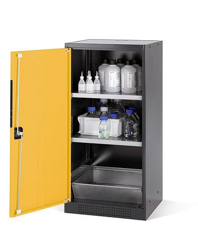 asecos Chemikalienschrank Systema CS-52L, Korpus anthrazit, gelb, 2 Einlegeböden und Bodenwanne, 202551