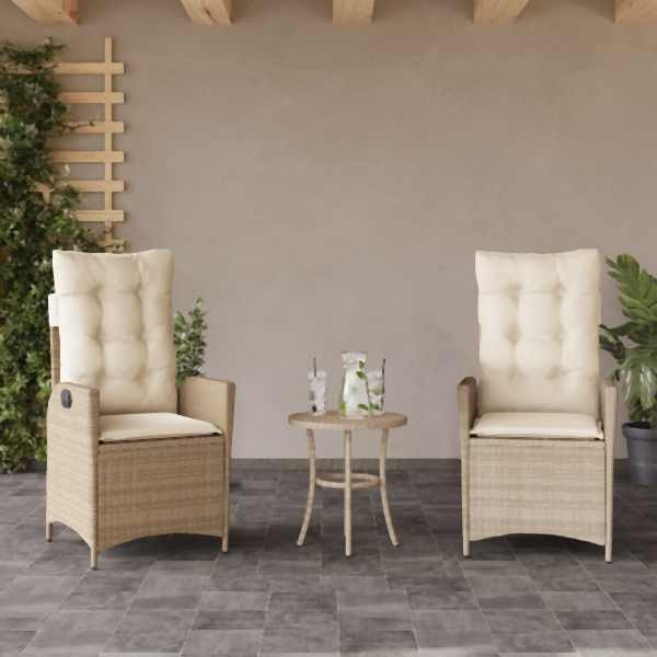 vidaXL Gartensessel mit Kissen 2 Stück Verstellbar Beige Poly Rattan, UV-beständig, 365268