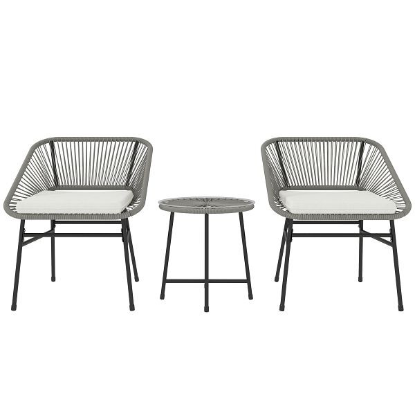 Outsunny 3-teiliges Outdoor-Möbelset, 1 Tisch, 2 Stühle, Rattan-Geflecht, Stahlrahmen, Kaffeetisch mit Glasplatte, Dunkelgrau, 863-174V00CG