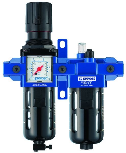 Prevost ALTO2-Doppelblock- Filterregler mit Manometer, Öler, Wandbesfestigungsset+ Schnellverbinder Leitungsanschluss, G 3/8, 1250 Nm3/h, TB PSM2