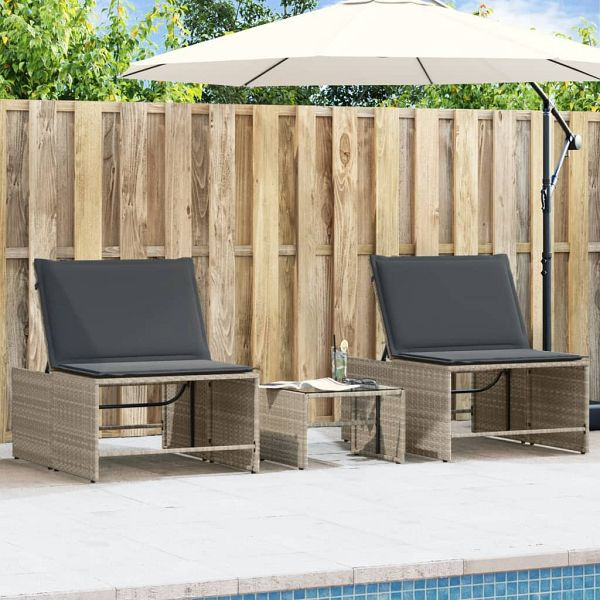 vidaXL Sonnenliegen 2 Stück mit Tisch Hellgrau Poly Rattan, 368427