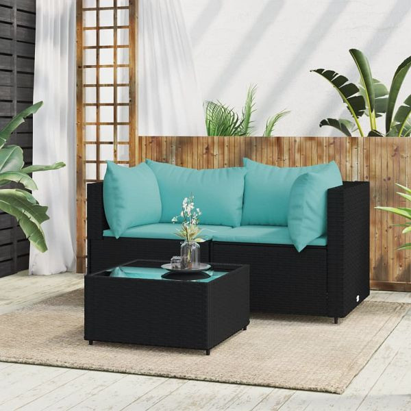 vidaXL 3-tlg. Garten-Lounge-Set mit Kissen Schwarz Poly Rattan, 319795
