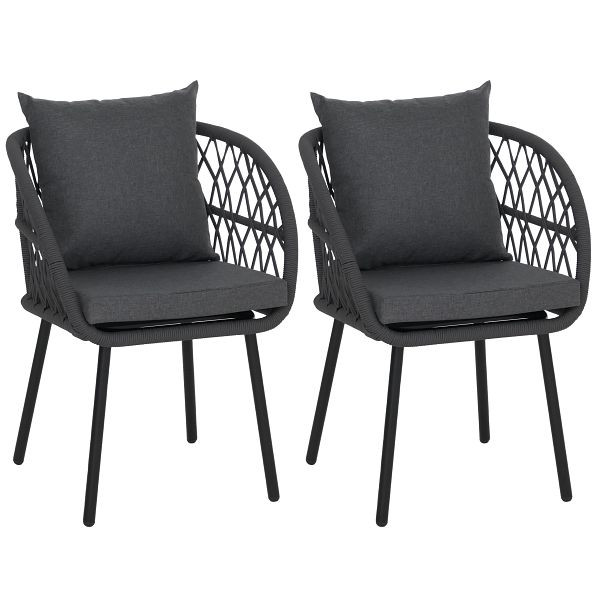 Mendler 2er-Set Gartenstuhl HWC-Q38, Gartensessel Armlehne, Aluminium Seilgeflecht Rope, Gestell schwarz, Polster anthrazit, 121395