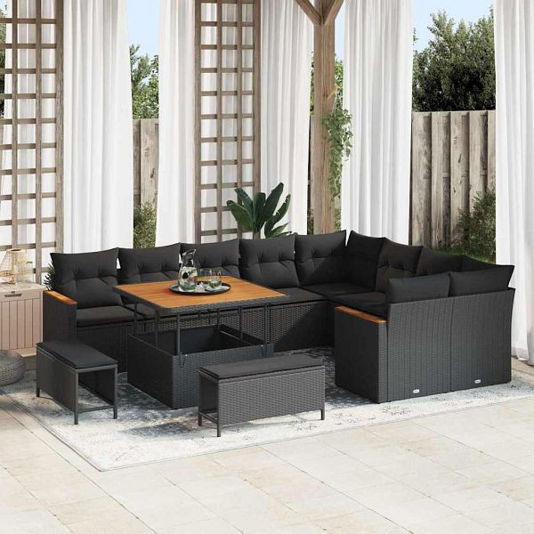vidaXL Garten-Sofa-Set mit Kissen 12-teilig Schwarz Poly-Rattan, 3365024