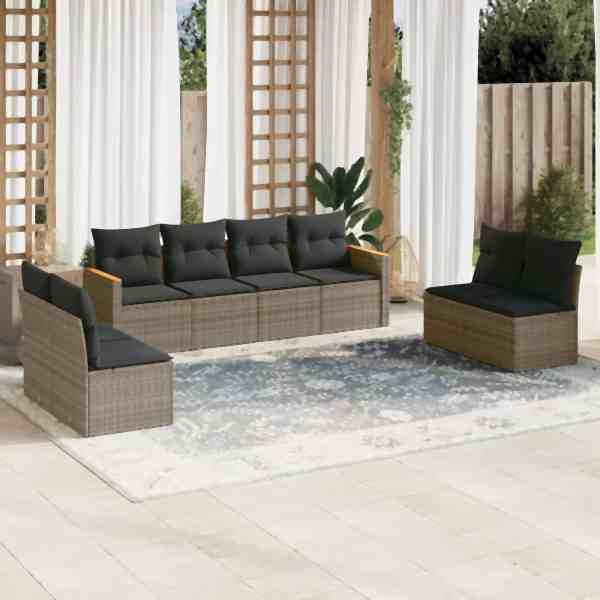 vidaXL 8-tlg. Garten-Sofagarnitur mit Kissen Grau Poly Rattan, UV-beständig, 3225892