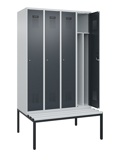 C+P Spind Evolo PLUS, 4 Abteile, 2120x1200x815mm, 7035/7016, Haken 4, Zylinderschloss, Sitzfläche Kunststoff, Sitzbank, 0490507-40F S10093