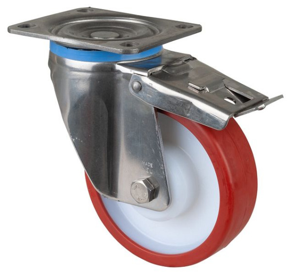BS Rollen Edelstahl Schwerlastrolle mit Feststeller, B45 mm, Ø150 mm, bis 450 kg, Fläche Polyurethan rot, Rollenlager, HS120.B28.151