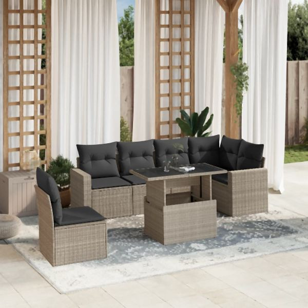 vidaXL 7-tlg. Garten-Sofagarnitur mit Kissen Hellgrau Poly Rattan, 3267312