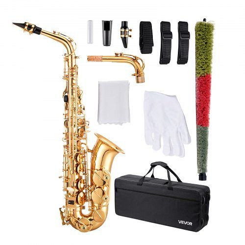 VEVOR Altsaxophon E-Dur Set, 23 Tasten, inkl. Tragetasche, Mundstück, Gurten, Reinigungstuch, Handschuhe, Umhängeband, Gold, WGSKSZYJEDJSFJGJU001V0