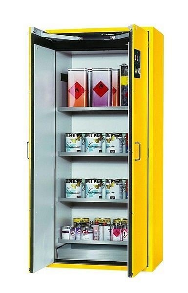 asecos Sicherheitsschrank S-CLASSIC-90, S90.196.090 in sicherheitsgelb RAL 1004 mit 4x Fachboden (Edelstahl), 30204-002-30215