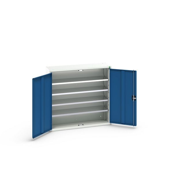 bott verso Magazinschrank, mit 4 Fachböden und 30 Sichtlagerkästen, BxTxH: 1050 x 350 x 1000 mm, Lichtgrau / Enzianblau, 16926500.11