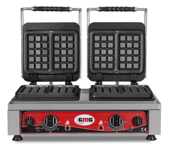 GMG Waffeleisen Bruxelles, 4x (10,2 x 16,5 x 2,6cm), 50° bis 300°C feste Backplatte aus Gusseisen, umlaufende Fettfangrinne, Gehäuse Edelstahl, KGW-22