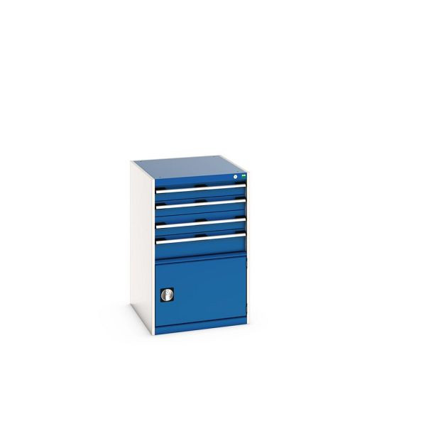 bott cubio Schubladenschrank bestückt, mit 4 Schubladen, Tür, BxTxH: 650x750x1000mm, RAL 7035/5010, Enzianblau, 40027023.11V