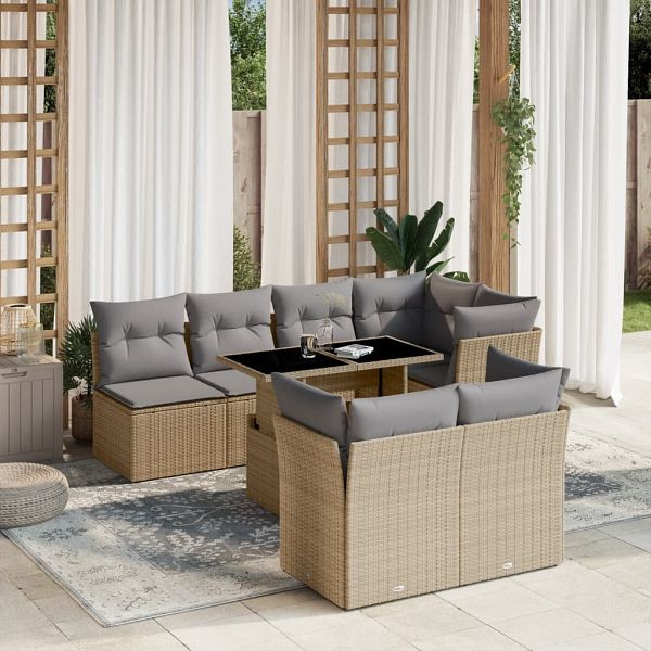vidaXL 8-teilig Garten-Sofagarnitur mit Kissen Beige Poly Rattan, 3266409